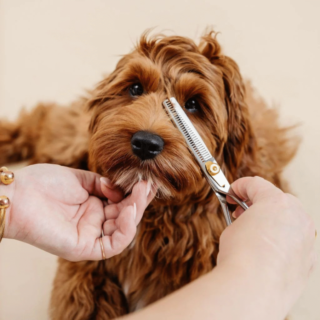 Dog with hair covering eyes needing professional dog haircut and grooming