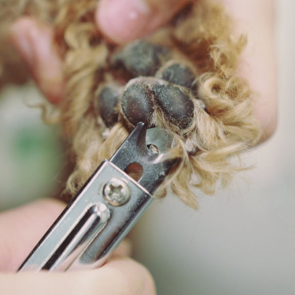 Dog with overgrown nails needing professional nail trimming and grooming