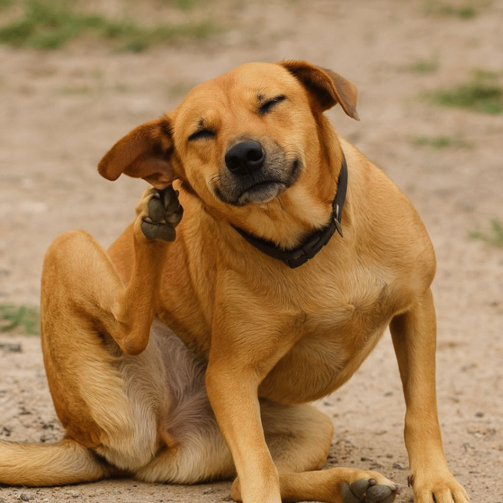 Dog scratching skin due to irritation before professional dog grooming